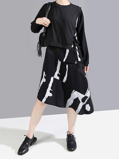 Round-Neck False Two Dress Asymmetric Long Sleeve Printed Dress With Bandage