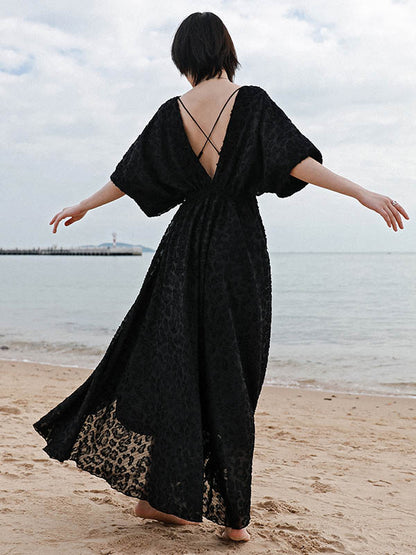 Stylish Solid Color Hollow Embroidered Mesh Backless Split-Side V-Neck Half Sleeves Maxi Dress
