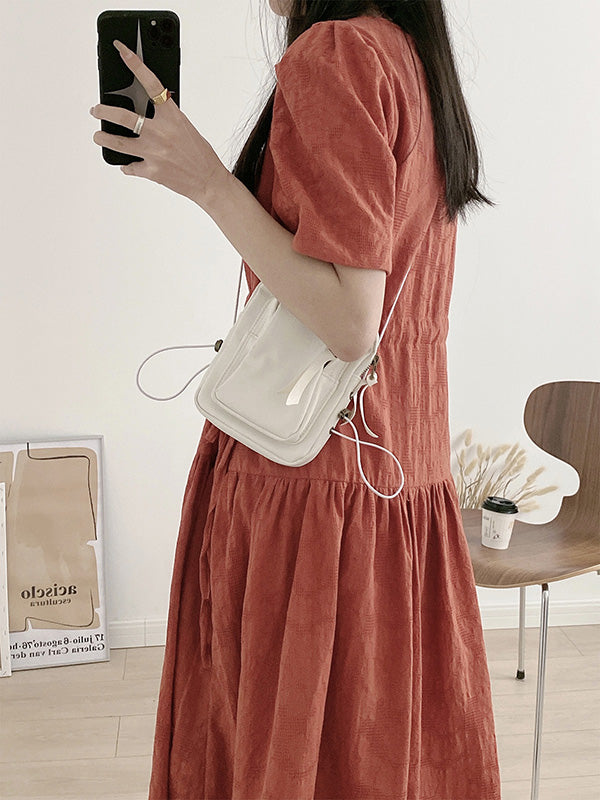 Urban Solid Color V-Neck Drawstring Short Sleeves Midi Dress