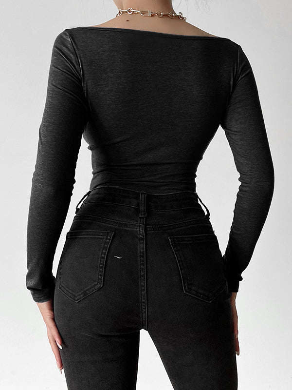 Solid Color U-Neck Long Sleeves Bodysuits