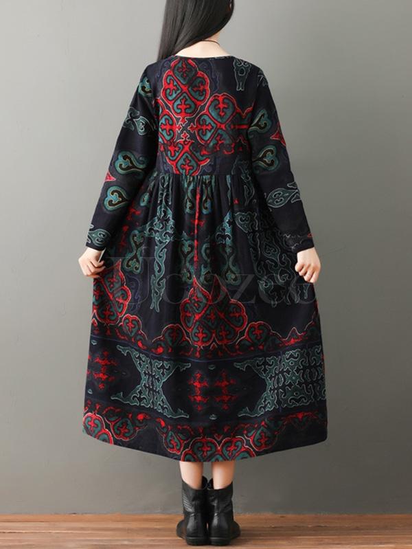 Vintage Floral Ramie Cotton V-neck Maxi Dress