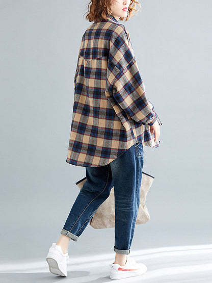 Artistic Retro Plaid Buttoned Lapel Collar Long Sleeves Blouse
