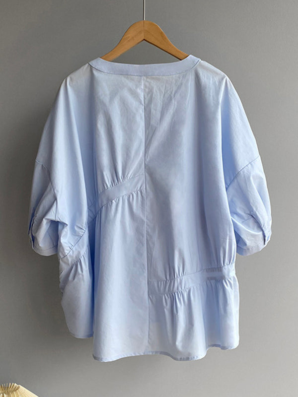 Stylish White&Blue Asymmetric High-Low Half Sleeves Blouses