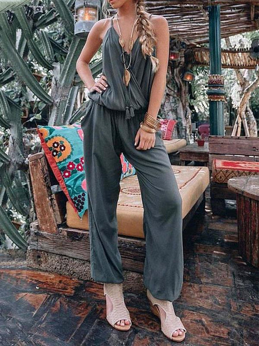 Solid Color Spaghetti-neck Waisted Jumpsuits
