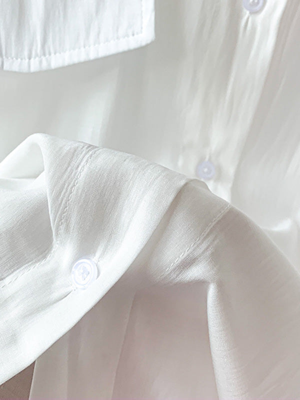 Simple Solid Color Buttoned Lapel Sun Protection Long Sleeves Blouse Tops