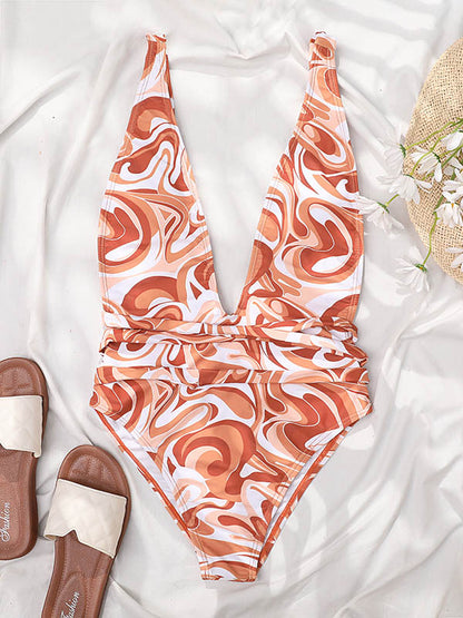Floral Printed V-Neck Bandage One-Piece Swimwear