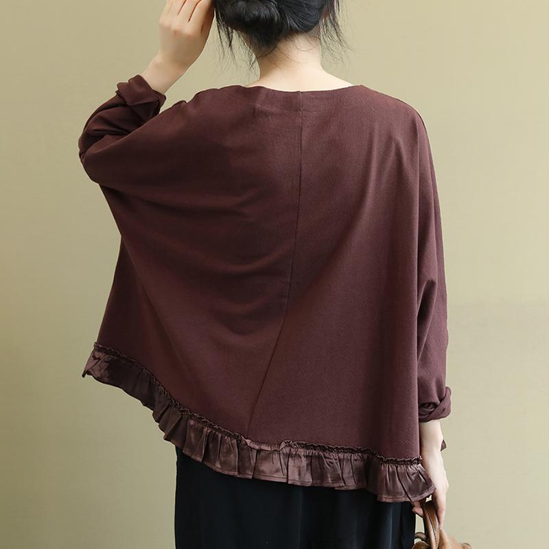 Buykud Ruffled Hem Applique Stripe Casual Loose Blouse