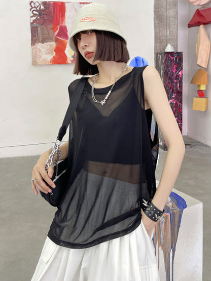 Cool Girl Black&White See-Through Round-Neck Vest Top