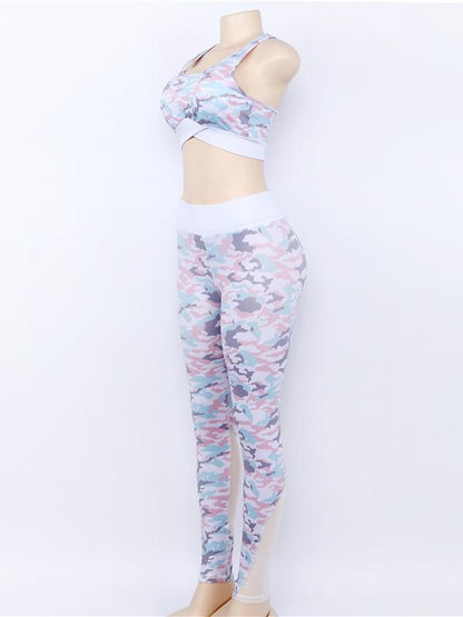 Camo Tank And Mesh Panel Legging Suits