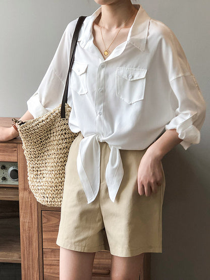 Urban Simple Solid Color Buttoned Split-Joint With Pocket Lapel Collar Long Sleeves Blouse