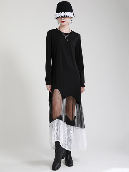 Stylish Original Split-Joint Embroidered Hollow Lace Round-Neck Long Sleeves Maxi Dress