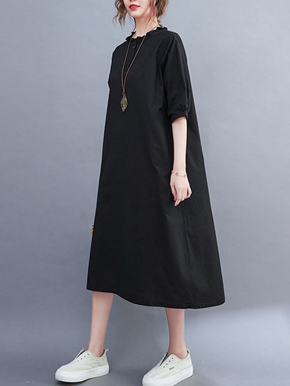 Simple Casual Artistic Retro Loose Solid Color Falbala Ramie Cotton Midi Dress