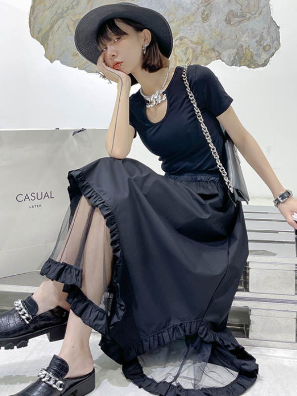 Stylish Black Split-Joint Gauze High Waisted A-Line Skirts