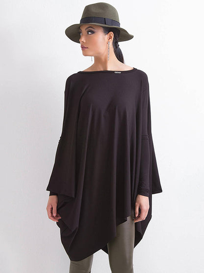 Simple Black Batwing Long Sleeve Loose Asymmetric T-Shirt