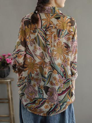 Artistic Retro Floral Lapel Shirt Blouse Tops