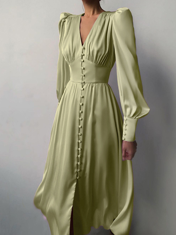 Urban Buttoned Split-Front High Waisted Puff Sleeve A-Line Midi Dress
