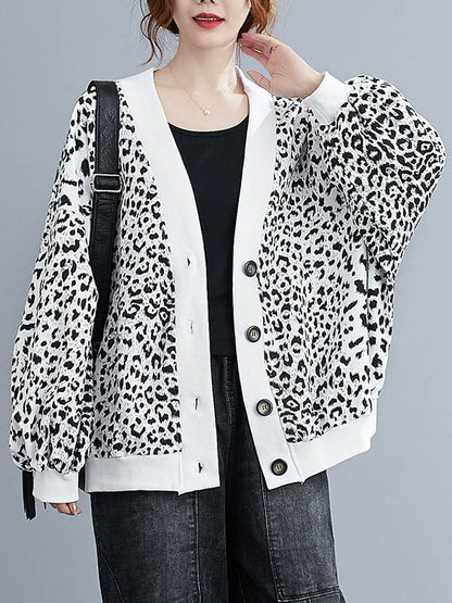 Original Leopard Buttoned V-Neck Long Sleeves Outwear