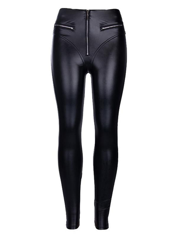 Punk Solid Zipper Pockets PU Leggings