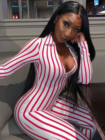 Striped V-neck Fitness Jumpsuits