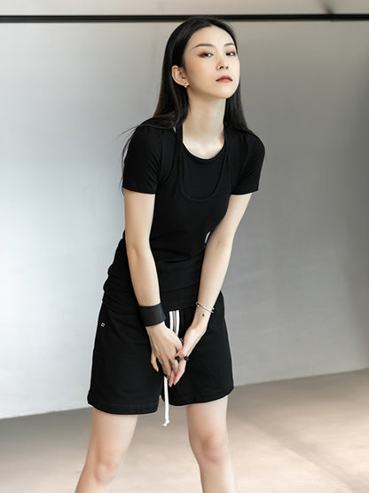 Stylish Halterneck Solid Color False Two Short Sleeves T-Shirt