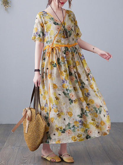 Original Artistic Retro Loose Tied Floral Printed Pleated V-Neck Short Sleeves Midi Dress