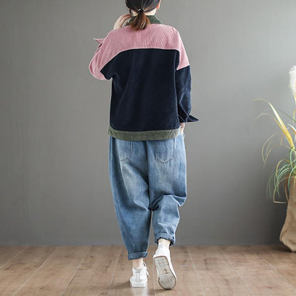 Buykud Turn-down Collar Contrast Color Retro Corduroy Coat