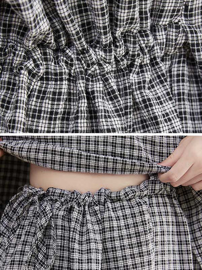 Artistic Retro Irregular Split-Joint Plaid Pleated Buttoned Elasticity Waist Lapel Collar Long Sleeves Midi Shirt Dress