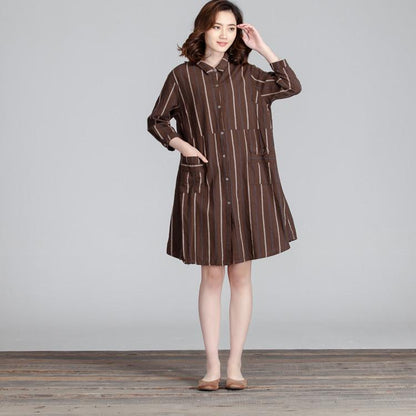 Cotton Women Splicing Casual Linen Loose Stripe Pocket Dress