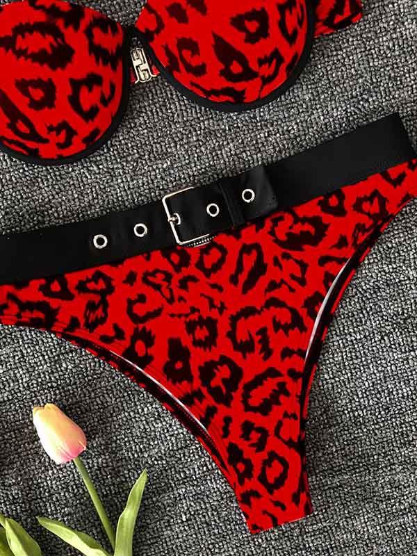 Leopard Print Underwired Belted Split Bikini Swimsuit