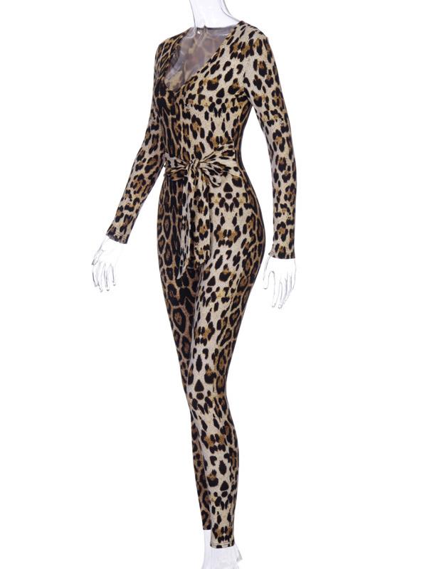 Leopard V-Neck Waistband Yoga Jumpsuits