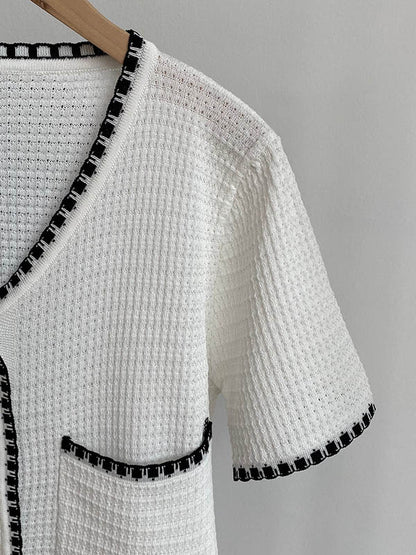 Casual Black&White V-Neck Short Sleeves Knitwear Cardigan
