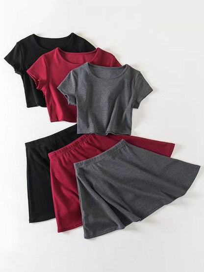 Ribbed Short Sleeve Crop Tees And Skirts Suits