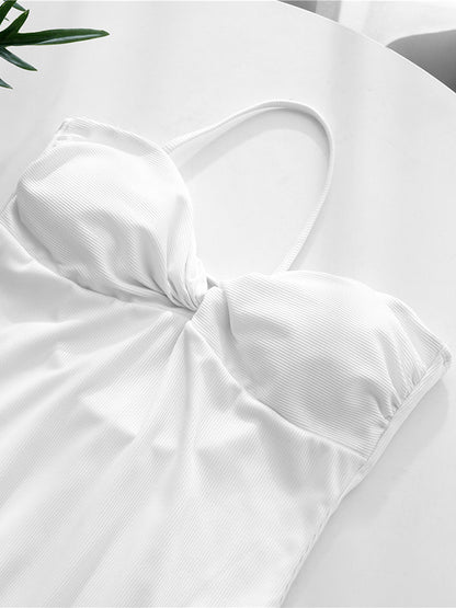 Ribbed One-Shoulder Bowknot Solid Color One-Piece Swimwear