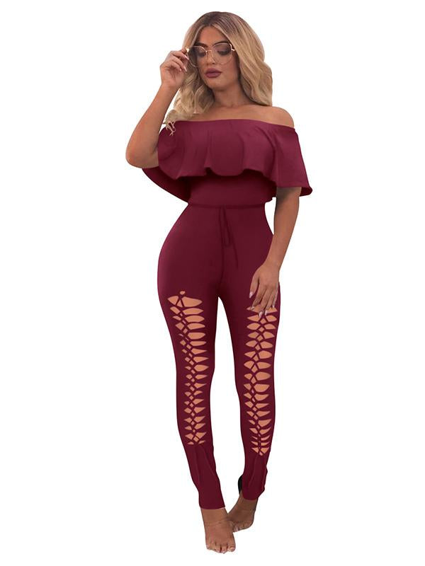 Off-The-Shoulder Lotus Leaf Sleeves Solid Sexy Jumpsuit