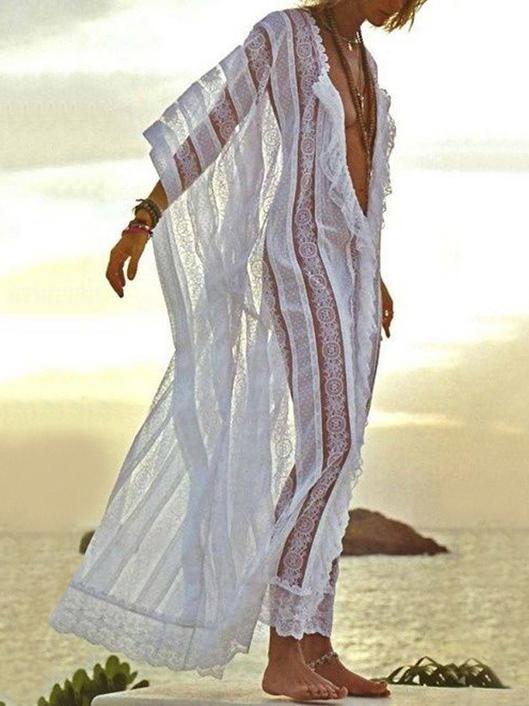 Striped Hollow V-neck Cover-up Swimwear