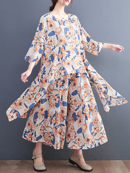 Loose Artistic Retro Floral Printed T-Shirt Top&Wide Legs Pants 2 Pieces Set