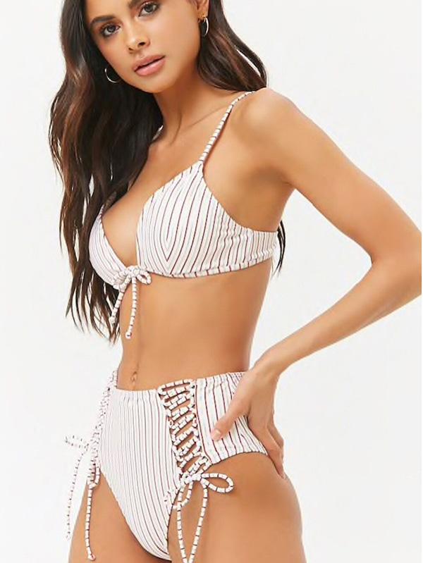 Fashion Stripes High Waisted Adjustable Bikinis Swimwear