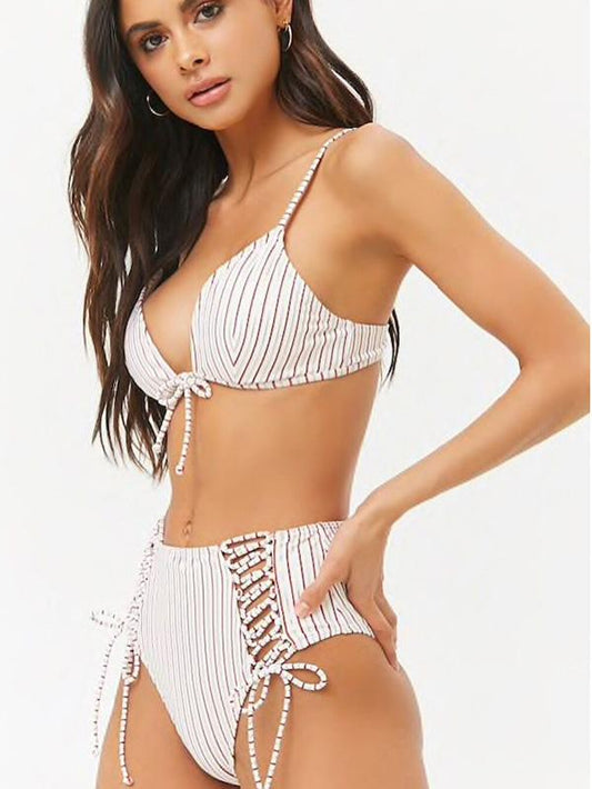 Fashion Stripes High Waisted Adjustable Bikinis Swimwear