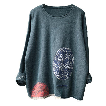 Buykud Retro Casual Pattern Printed Loose Knitted Shirt