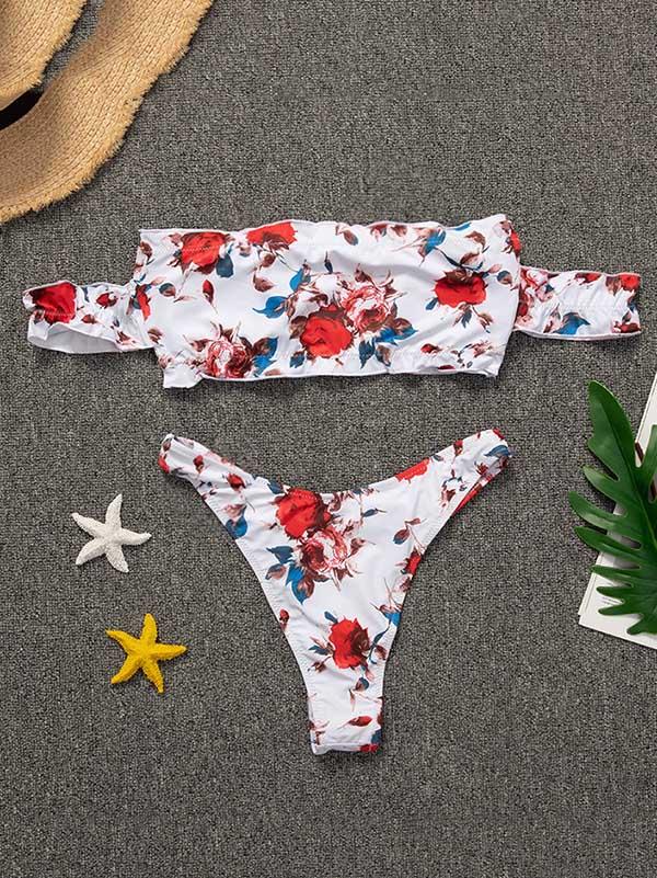 Printed Strapless Short Sleeves Split Bikini Swimsuit