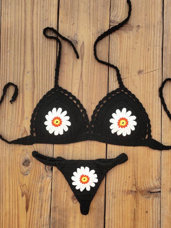 Crochet Floral Split Bikini Swimsuit