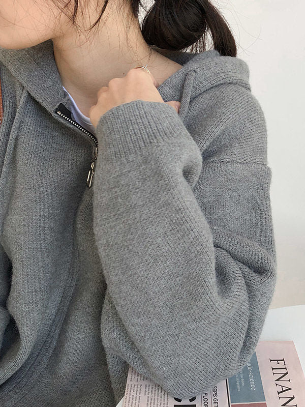 Fashion Solid Knitted Long Sleeves Hooded Outerwear