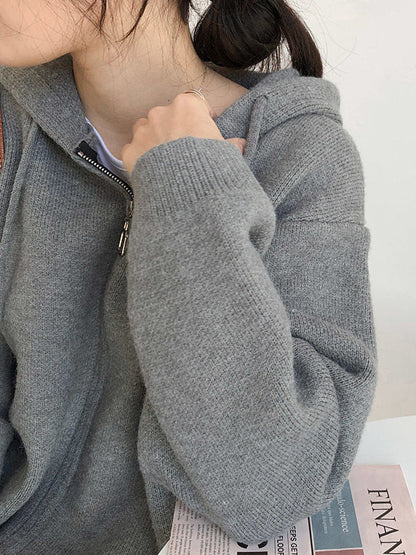 Fashion Solid Knitted Long Sleeves Hooded Outerwear