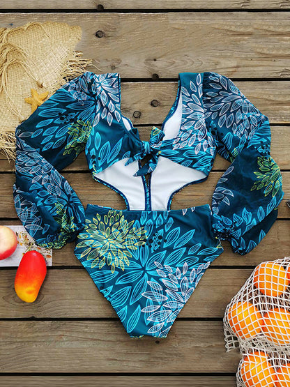 Puff Sleeves Deep V-Neck Printed One-Piece Swimsuit