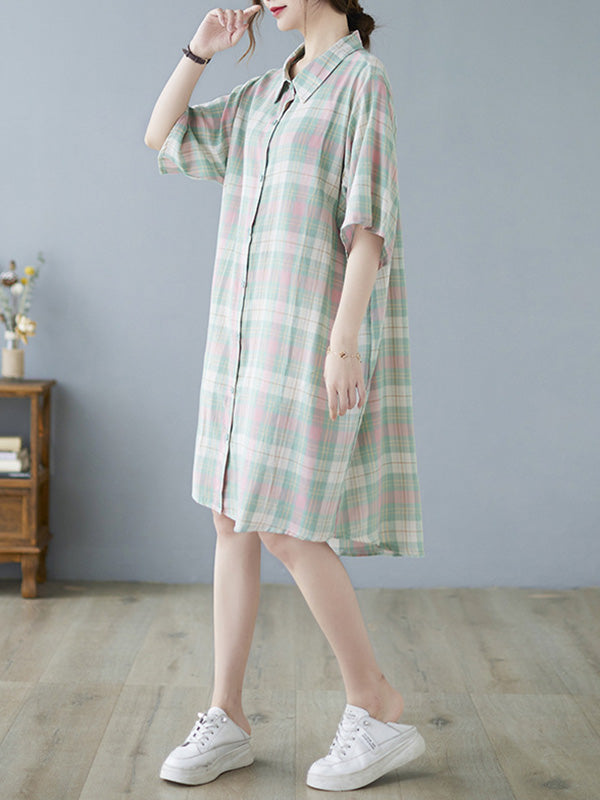 Urban Plaid Half Sleeve Lapel Shirt Dress