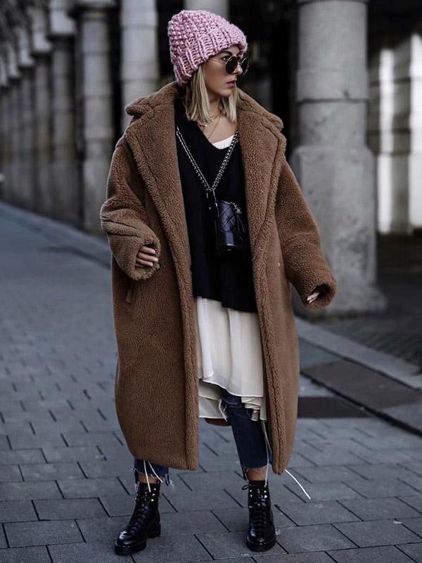 Loose Solid Lapel Fuzzy Coat