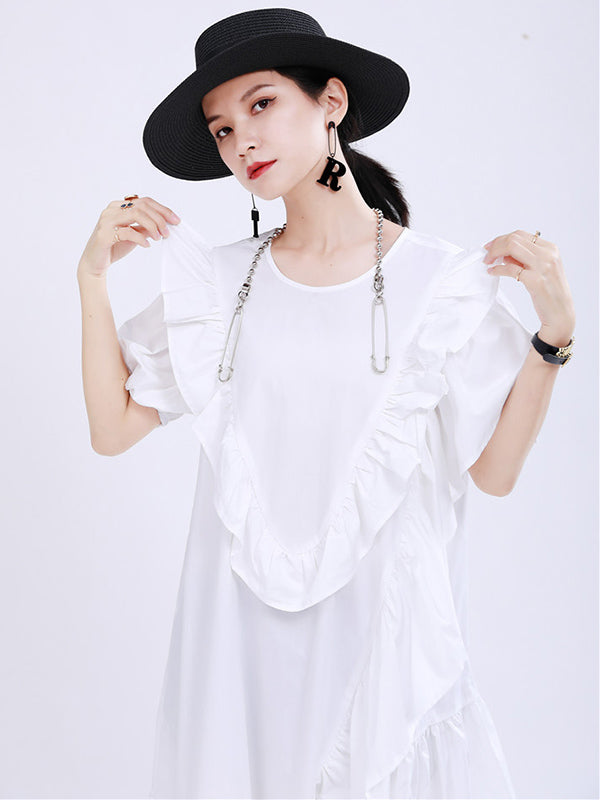 Original Irregular Solid Color Split-Joint Falbala Round-Neck Short Sleeves Midi Dress