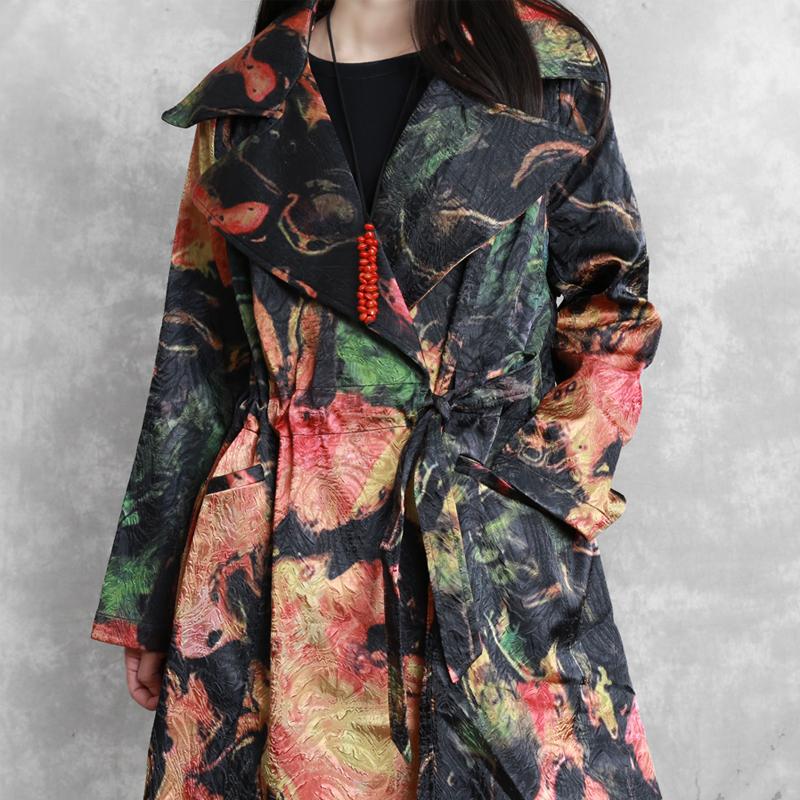 Buykud Fashion Printed Lacing Casual Loose Trench Coat