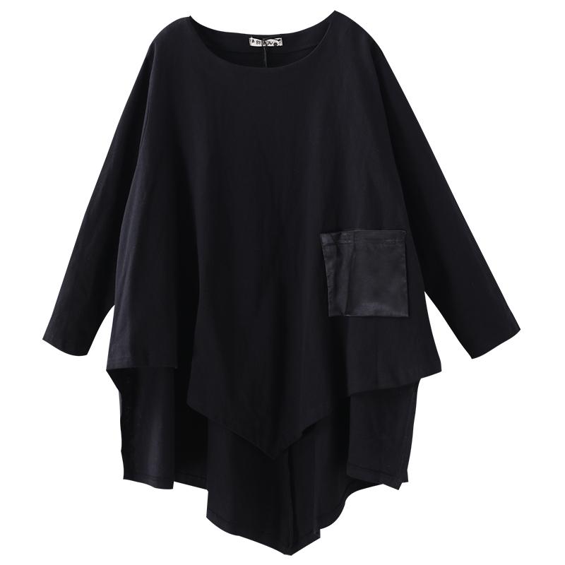 Buykud Patchwork Pocket Irregular Hem Casual Blouse