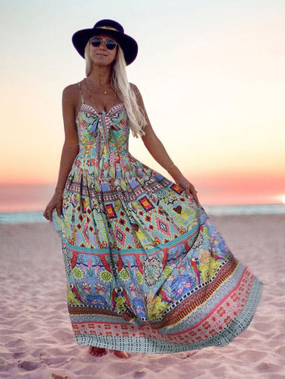Printed Spaghetti-neck Bow-embellished Maxi Dress